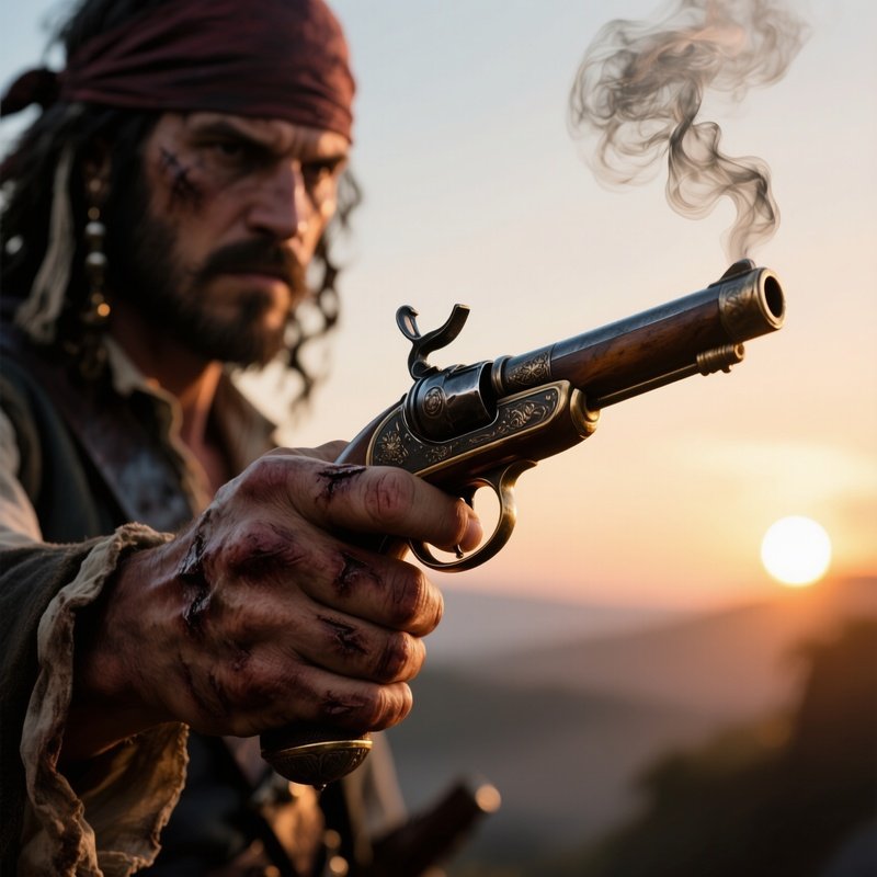 An Intense Close‑Up Of A Pirate'S Scarred Hand Gripping A Flintlock Pistol, Smoke Curling From The
