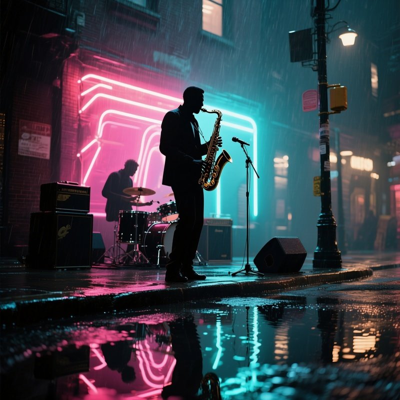 An Intense Jazz Jam Session On A Rainy Street Corner, Saxophonist Silhouetted Against Neon Glow,