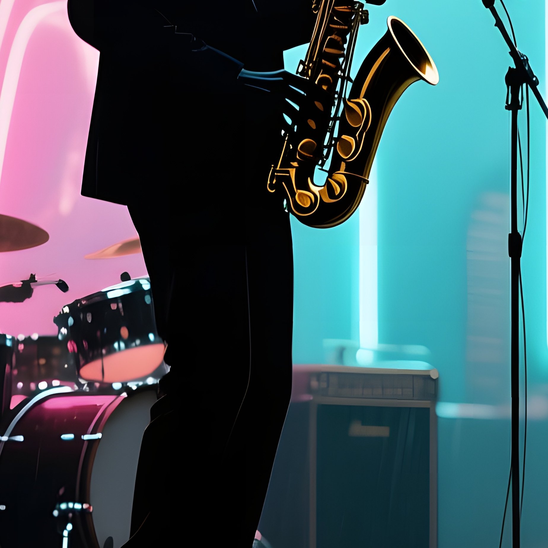 An Intense Jazz Jam Session On A Rainy Street Corner, Saxophonist Silhouetted Against Neon Glow, - Full Resolution Quality Preview