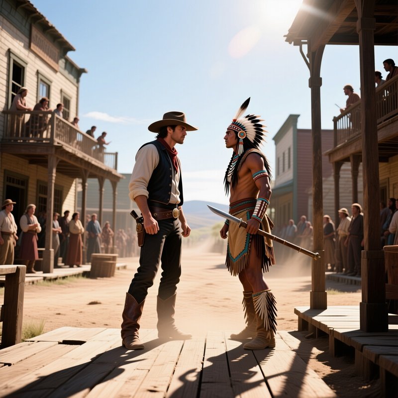 An Intense Midday Duel At A Dusty Crossroads, Townsfolk Watching From Windows, A Cowboy And A Kiowa