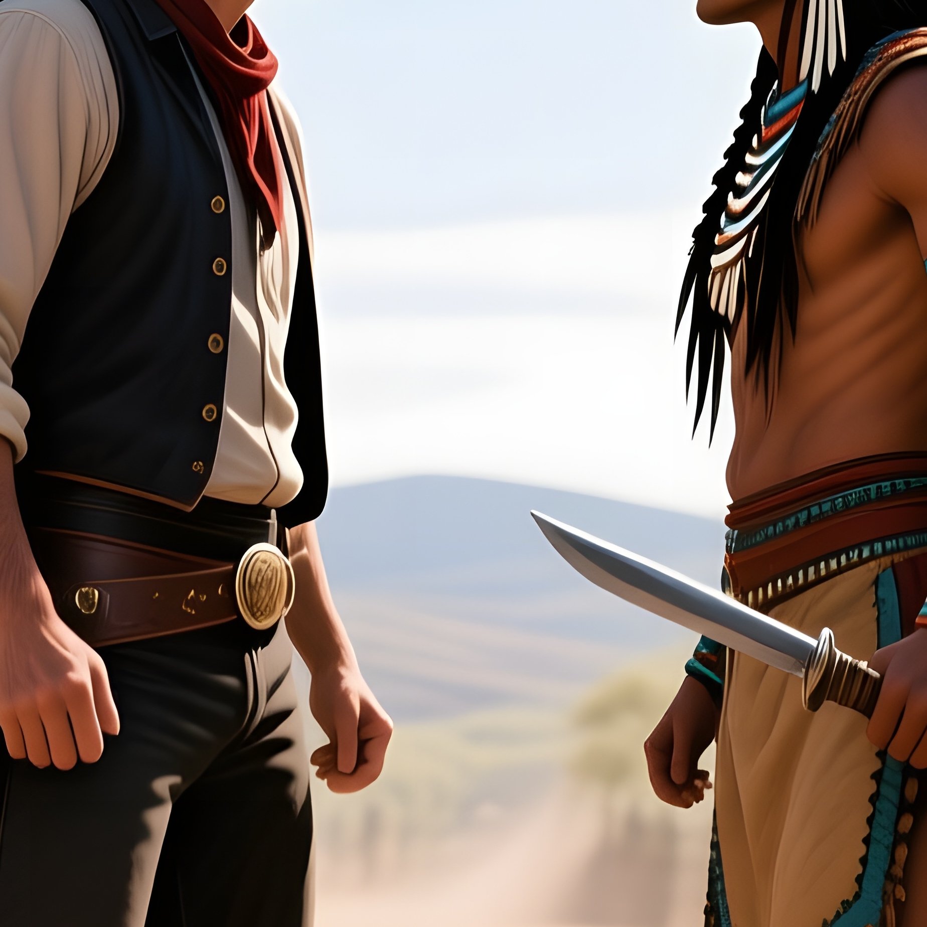 An Intense Midday Duel At A Dusty Crossroads, Townsfolk Watching From Windows, A Cowboy And A Kiowa - Full Resolution Quality Preview