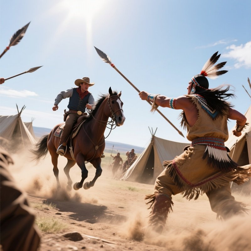 An Intense Midday Raid On An Encampment, Dust Swirling, A Cowboy On Horseback Charges While A Kiowa
