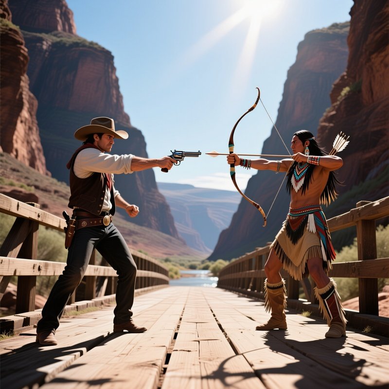 An Intense Midday Showdown At A Wooden Bridge Over A Canyon, Both Sides Poised, A Cowboy Draws His