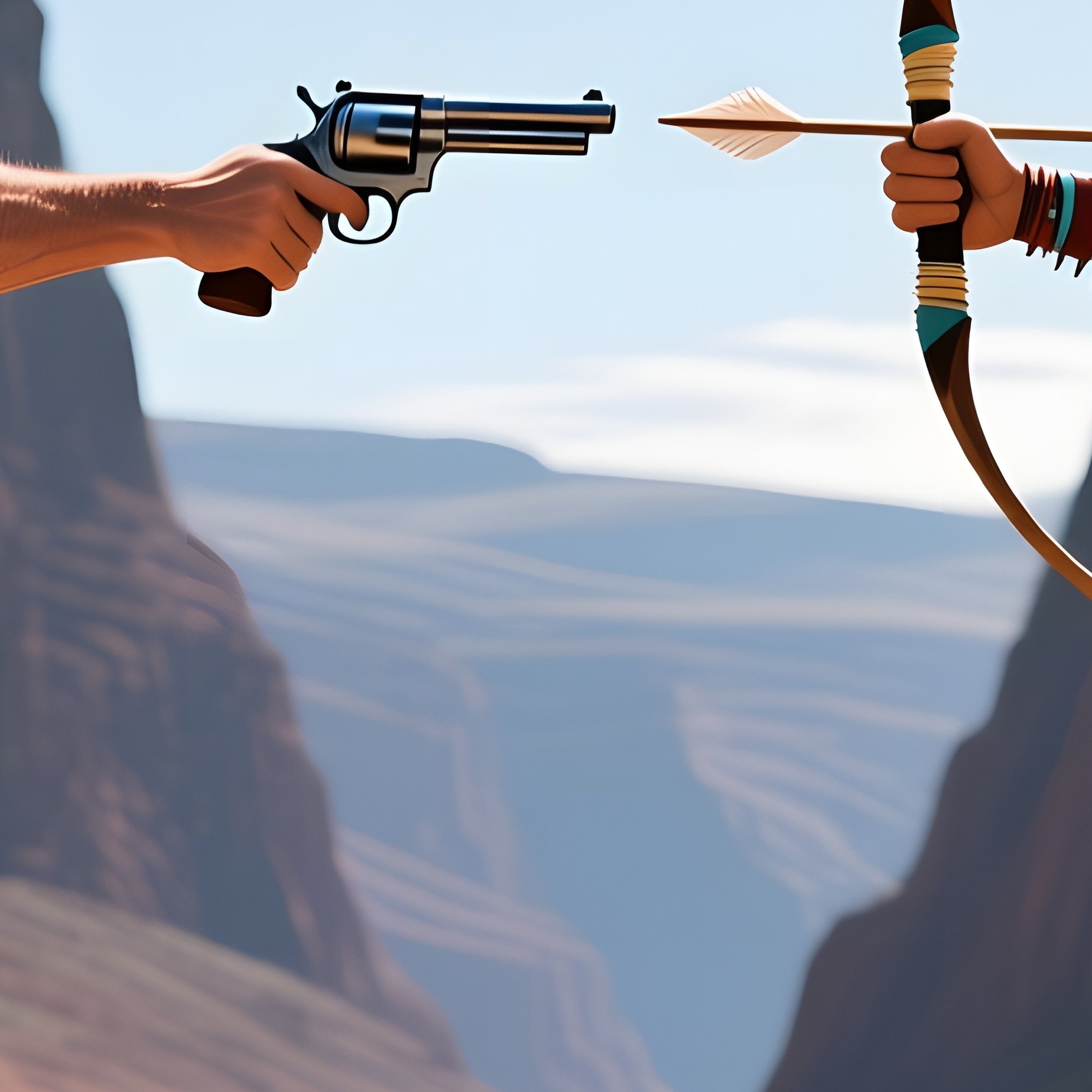 An Intense Midday Showdown At A Wooden Bridge Over A Canyon, Both Sides Poised, A Cowboy Draws His - Full Resolution Quality Preview