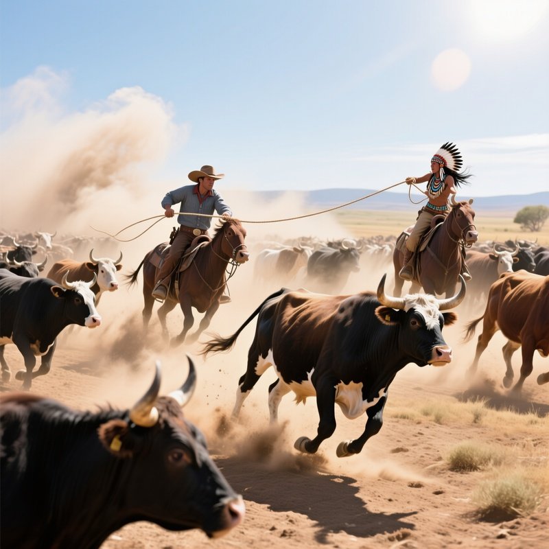 An Intense Midday Stampede Across A Dusty Plain, Cattle Thundering, A Cowboy Ropes A Runaway Steer