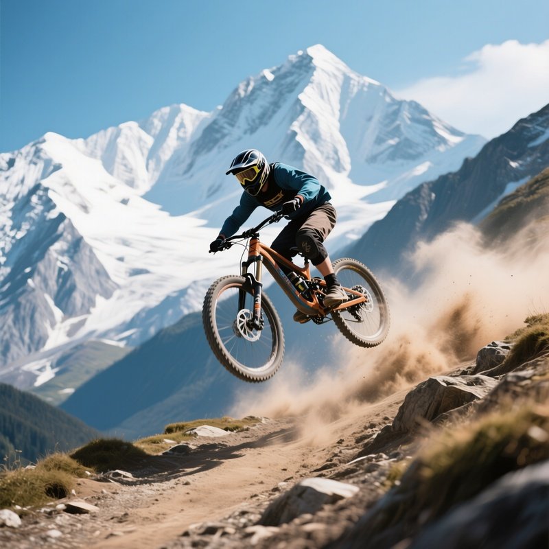 An Intense Mountain Bike Descent Down A Rugged Trail, Rider Captured Mid Air Against A Backdrop Of
