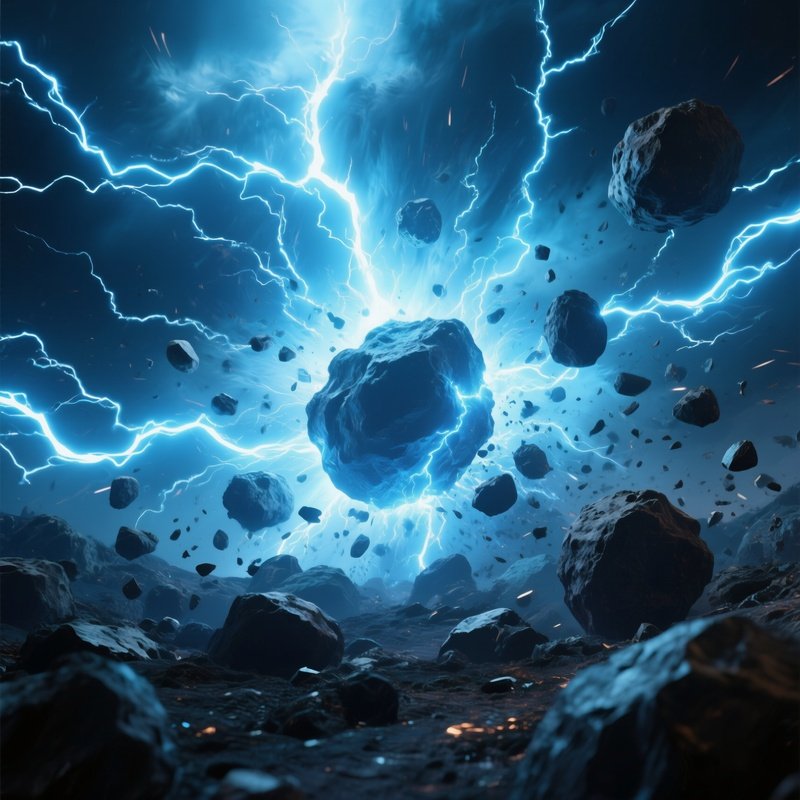 An Intense Scene Of A Plasma Storm Raging Through An Asteroid Field, Electric Arcs Jumping Between
