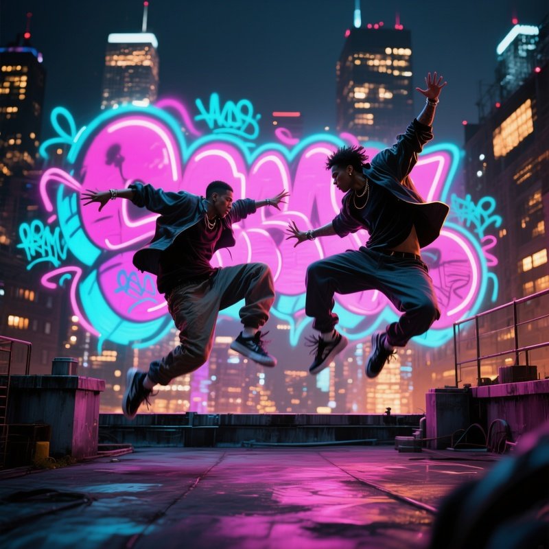 An Intense Street Dance Battle On An Urban Rooftop, Dancers Mid Leap Captured In Exaggerated Motion