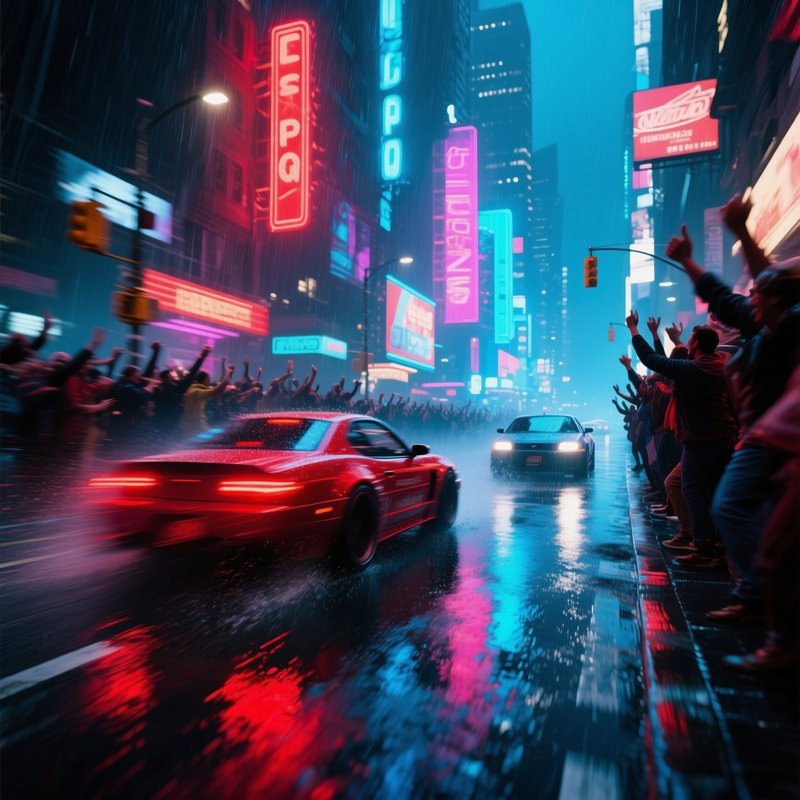 An Intense Street Race Through Neon Lit Downtown, Cars Streaking In Blurs Of Red And Blue, Rain