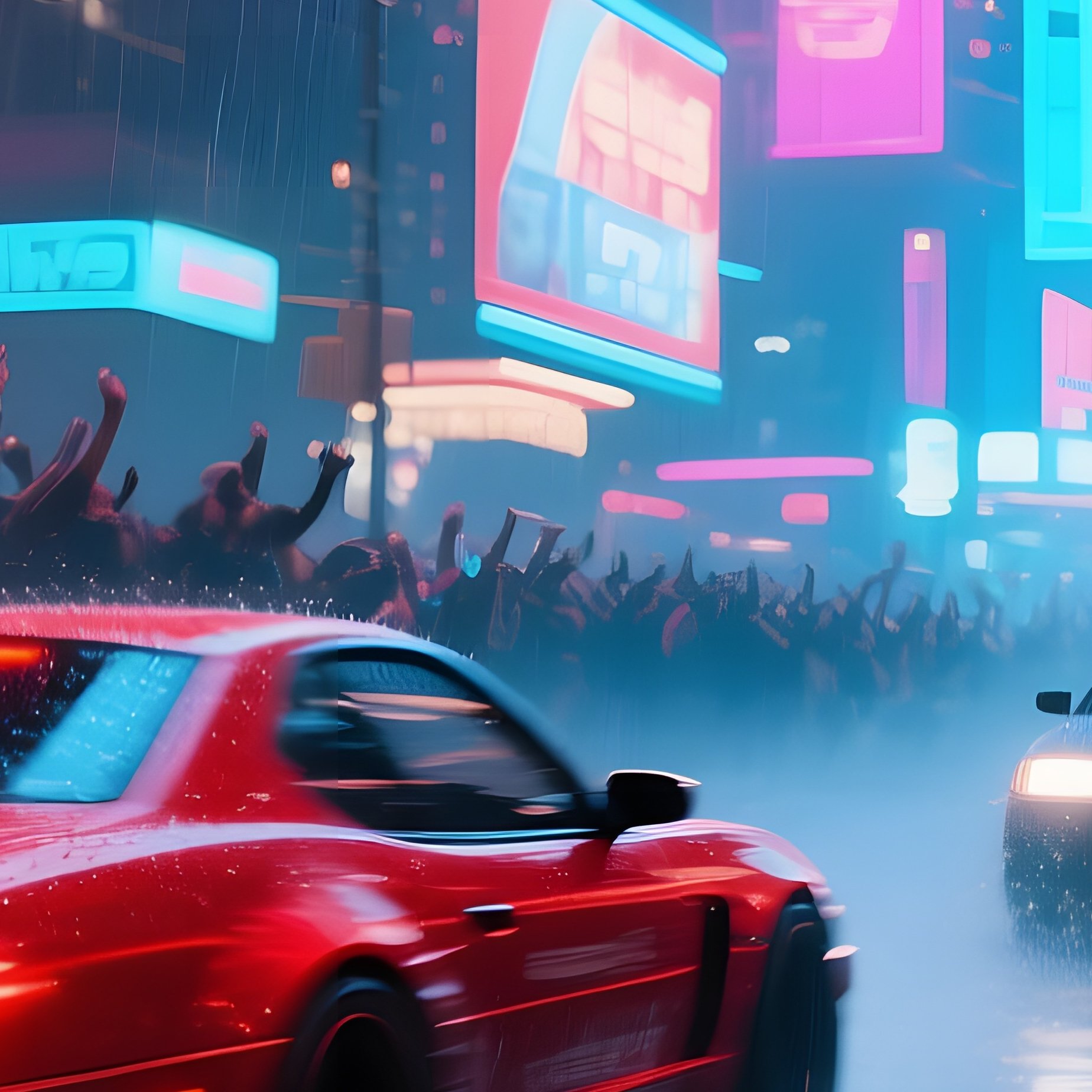 An Intense Street Race Through Neon Lit Downtown, Cars Streaking In Blurs Of Red And Blue, Rain - Full Resolution Quality Preview
