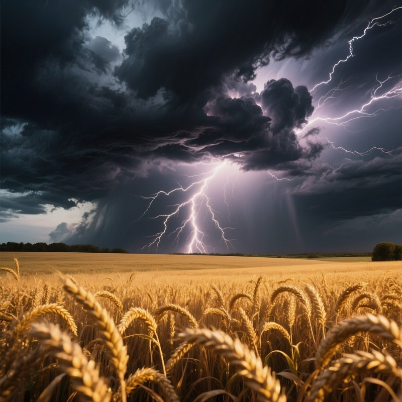 An Intense Thunderstorm Over An Open Field Of Wheat, Lightning Illuminating Stalks Painted In