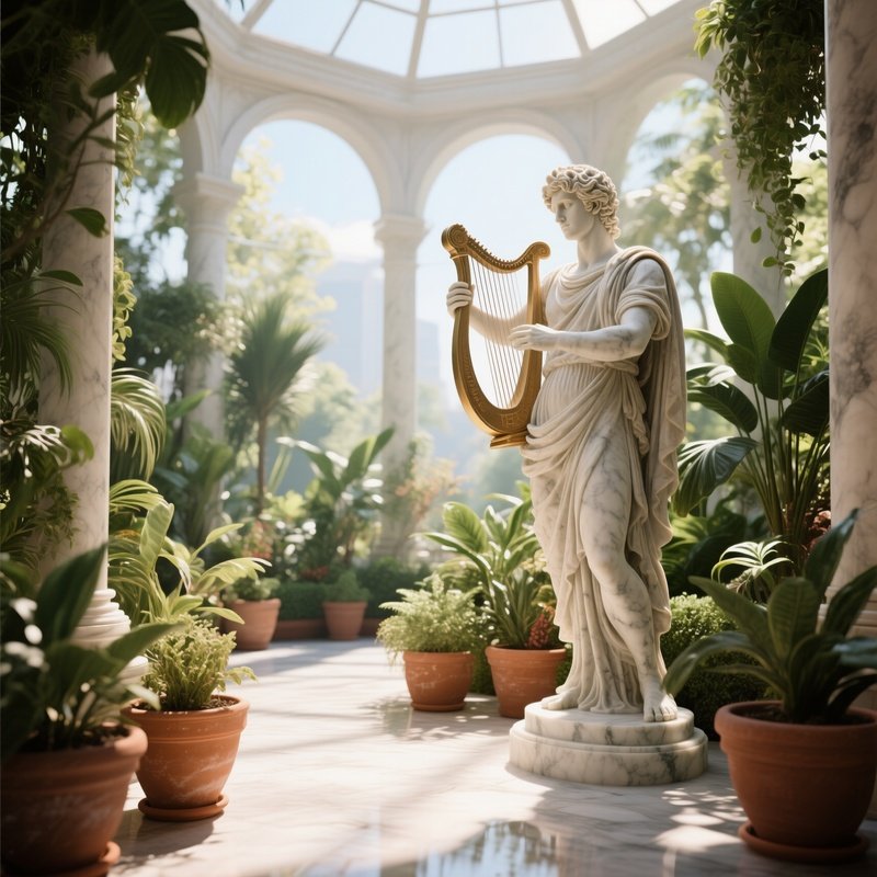An Interior Garden Atrium Flooded With Midday Sun, Exotic Plants In Terracotta Pots, And A Marble
