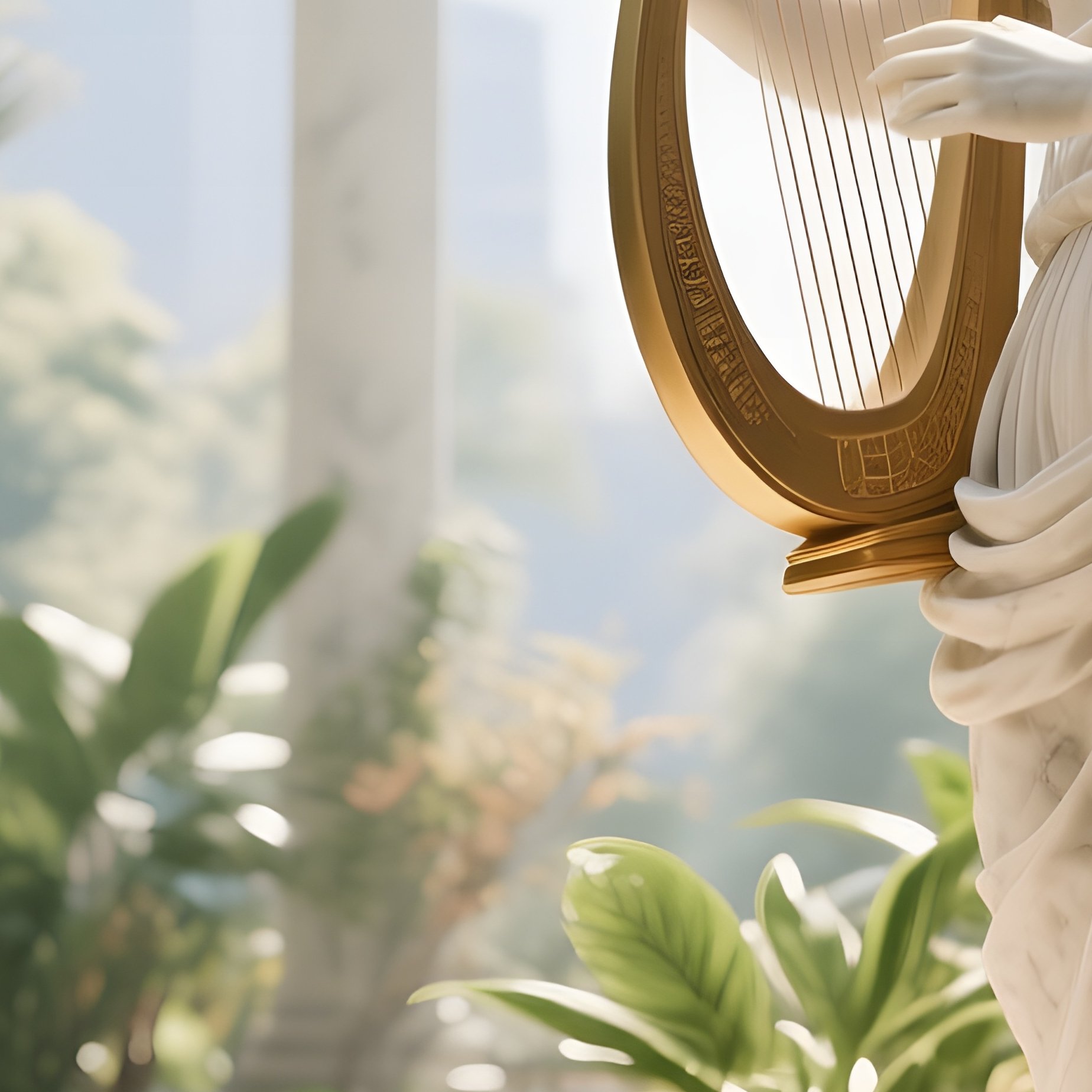 An Interior Garden Atrium Flooded With Midday Sun, Exotic Plants In Terracotta Pots, And A Marble - Full Resolution Quality Preview