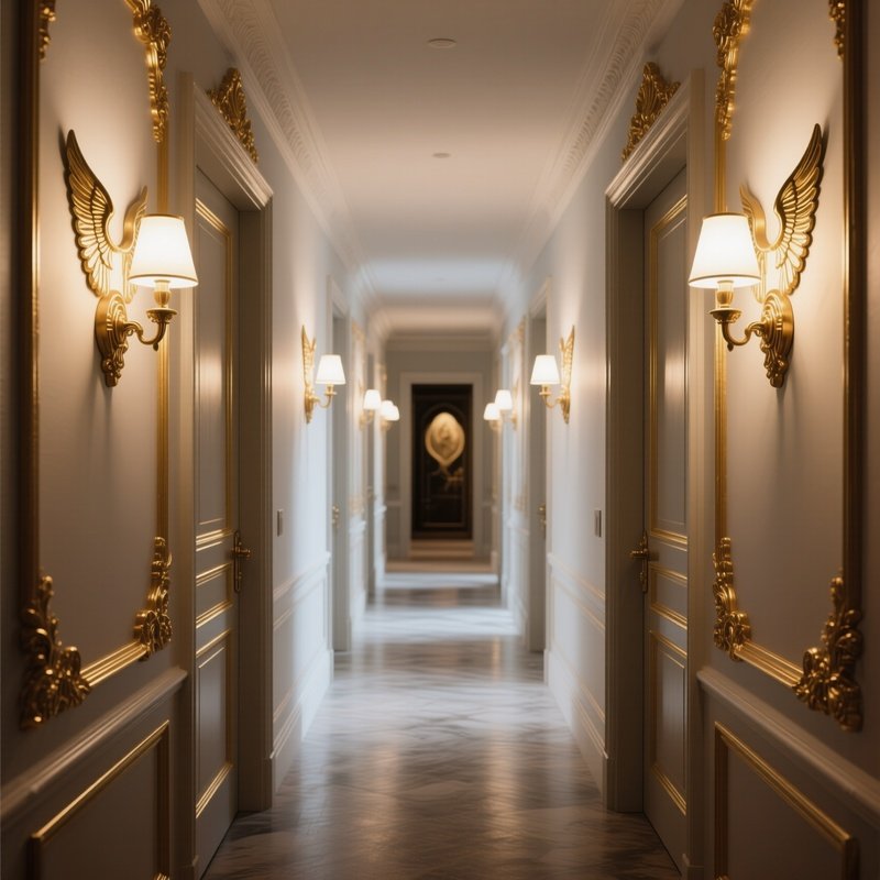 An Interior Hallway Illuminated By Wall Sconces Shaped Like Angels, Gilded Moldings Framing Each