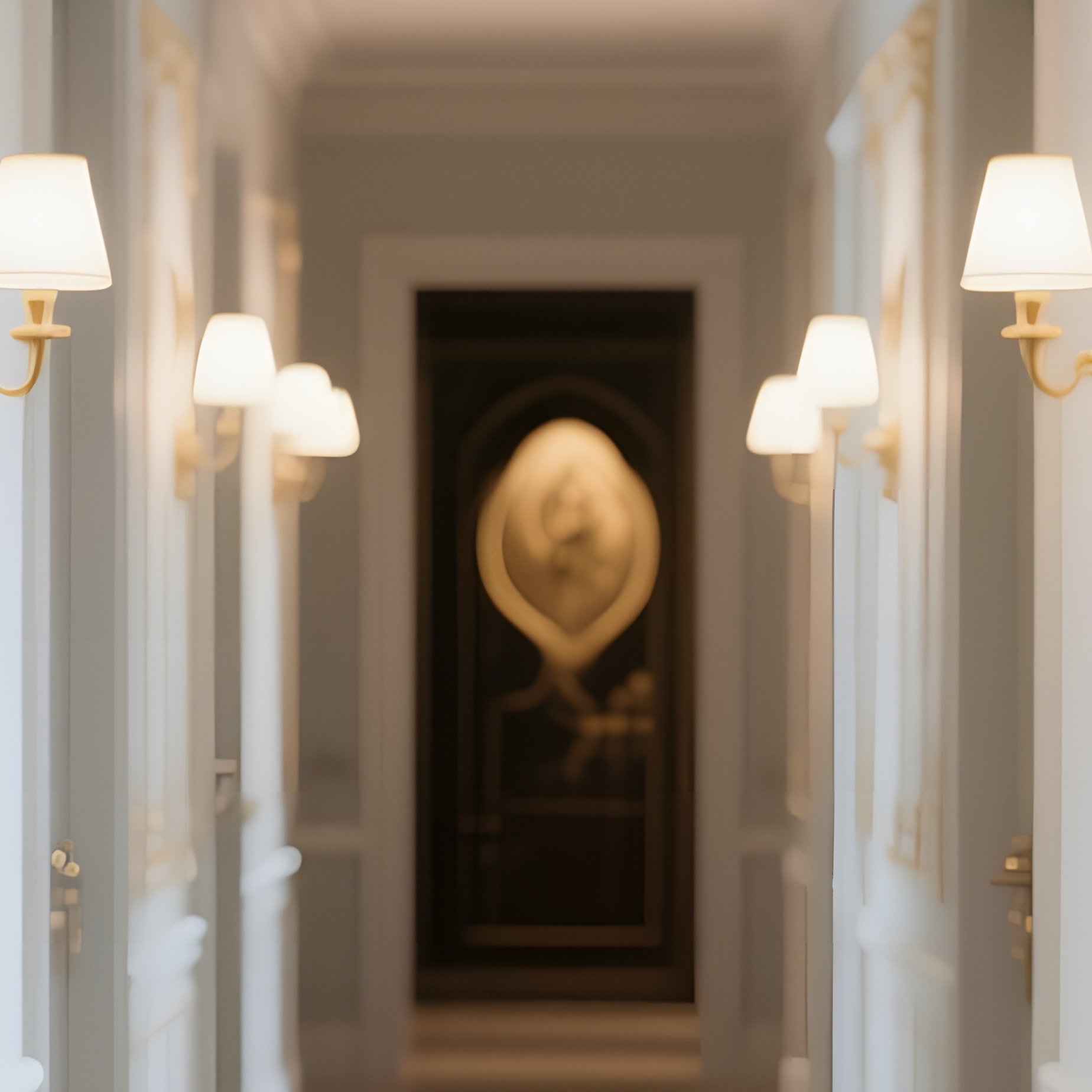 An Interior Hallway Illuminated By Wall Sconces Shaped Like Angels, Gilded Moldings Framing Each - Full Resolution Quality Preview