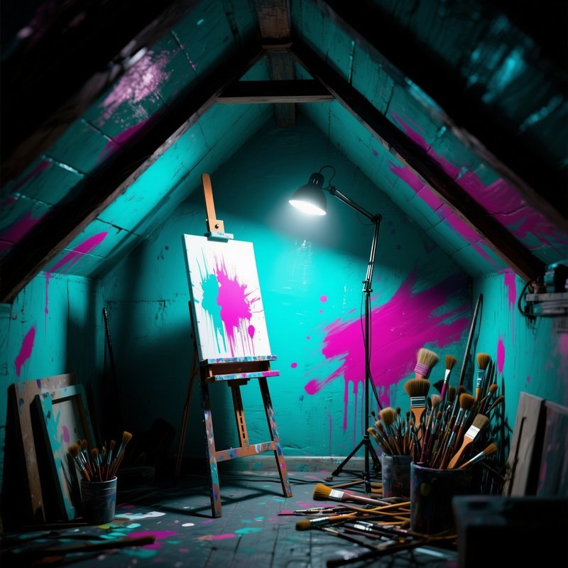 An Interior Of A Cramped Attic Studio, Walls Splashed With Violent Teal And Magenta Strokes, A Lone