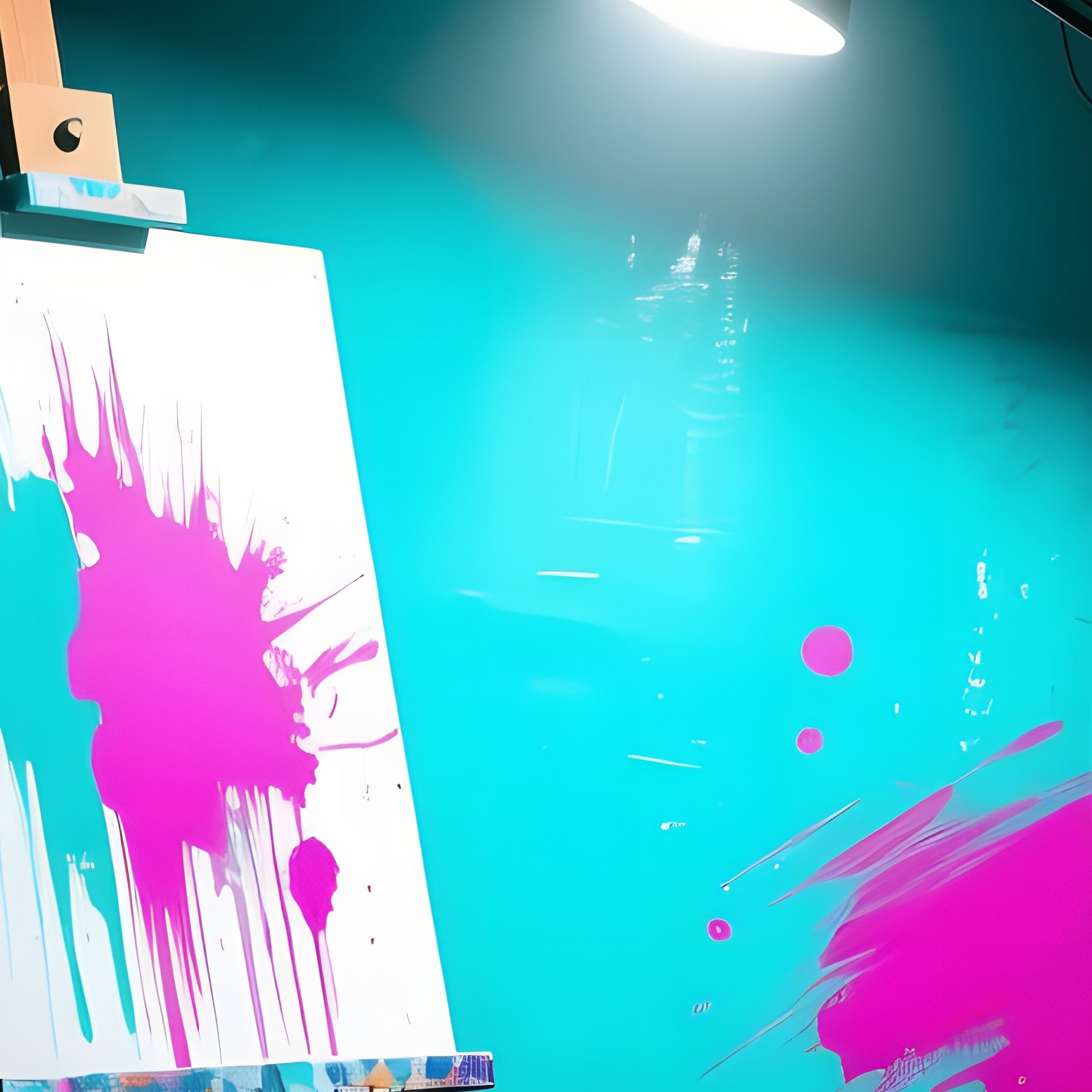 An Interior Of A Cramped Attic Studio, Walls Splashed With Violent Teal And Magenta Strokes, A Lone - Full Resolution Quality Preview