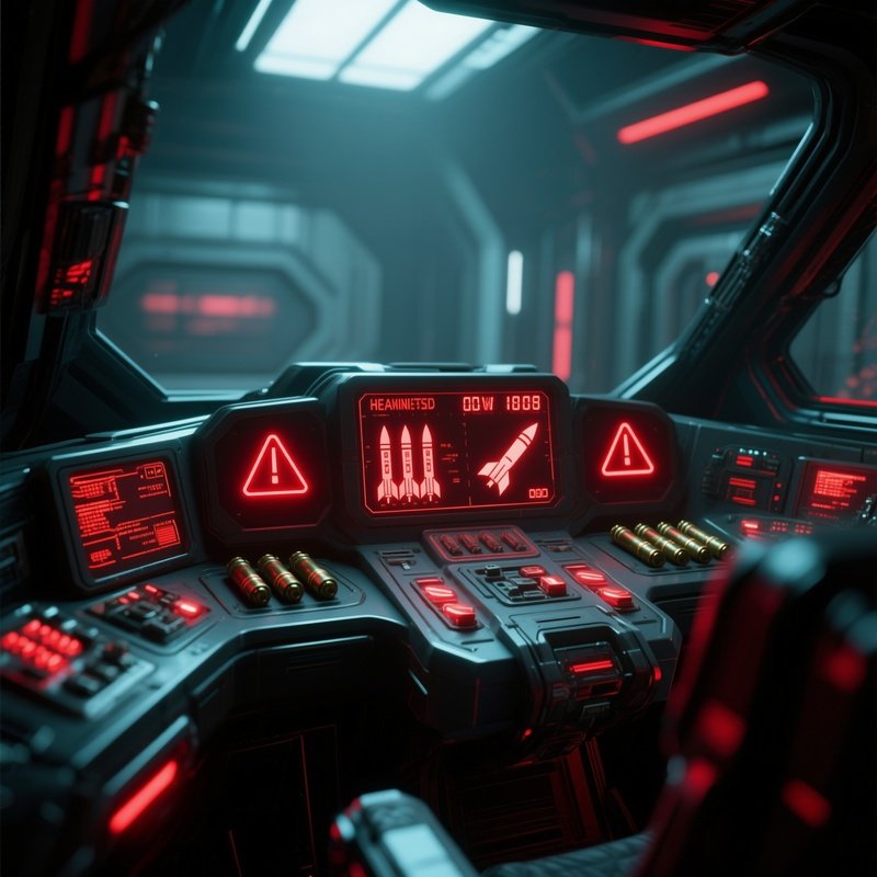 An Interior Of A Futuristic Combat Vehicle Cockpit, Heads‑Up Display Glowing, Ammo Count Readout