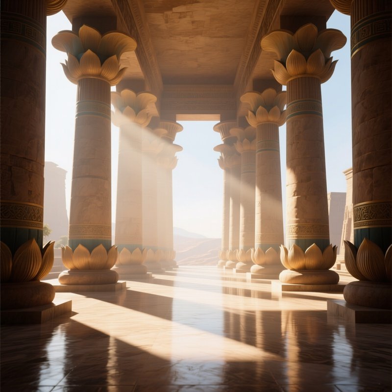 An Interior Of A Grand Hypostyle Hall Bathed In Late Afternoon Sun, Towering Columns Topped With