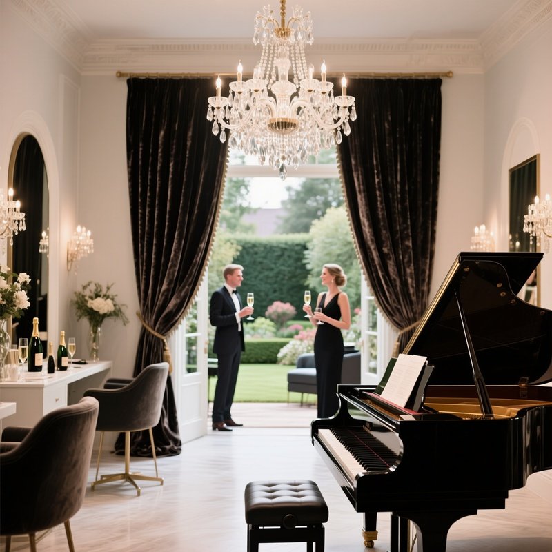 An Interior Salon With A Grand Piano, Velvet Drapes Pulled Aside To Reveal A Garden View, And