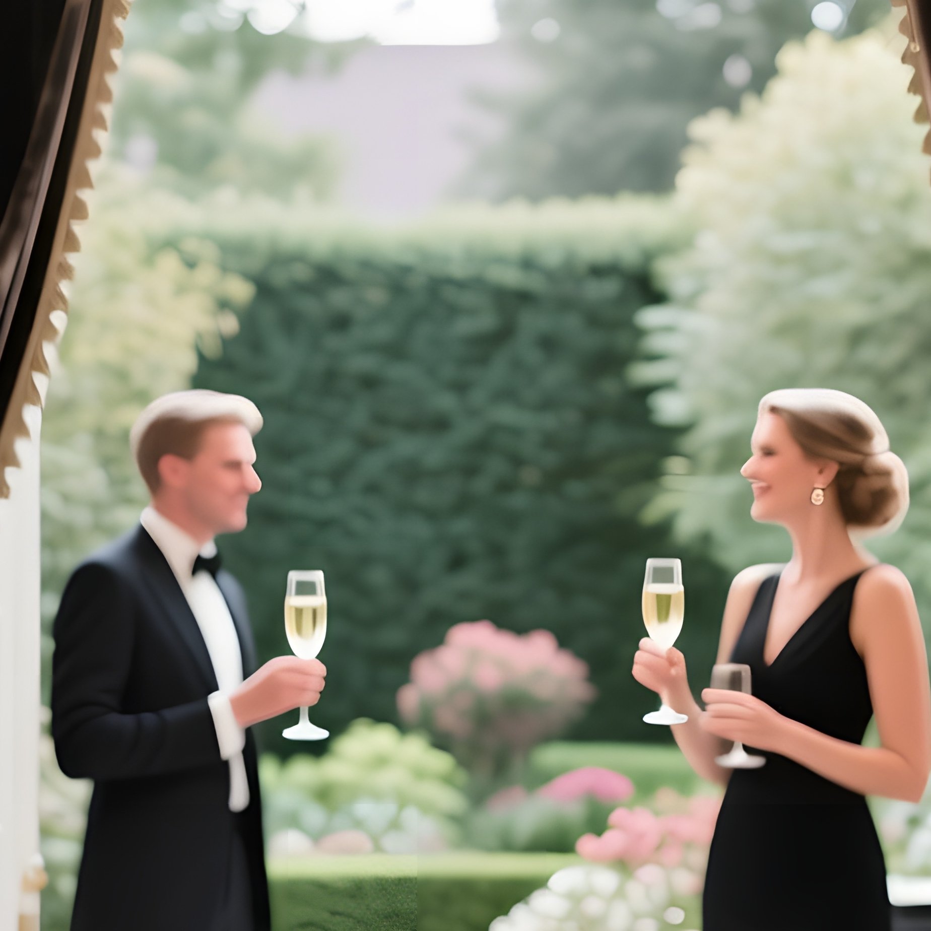 An Interior Salon With A Grand Piano, Velvet Drapes Pulled Aside To Reveal A Garden View, And - Full Resolution Quality Preview