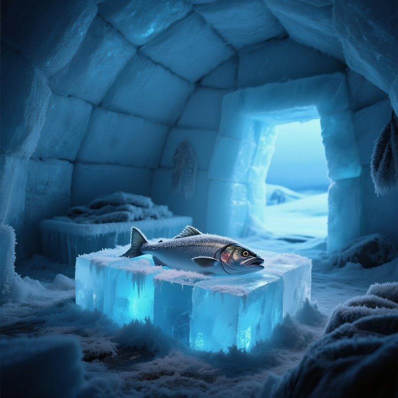 An Interior Scene Showing A Handcrafted Ice Shelf Inside An Igloo Used For Storing Fish, Glistening