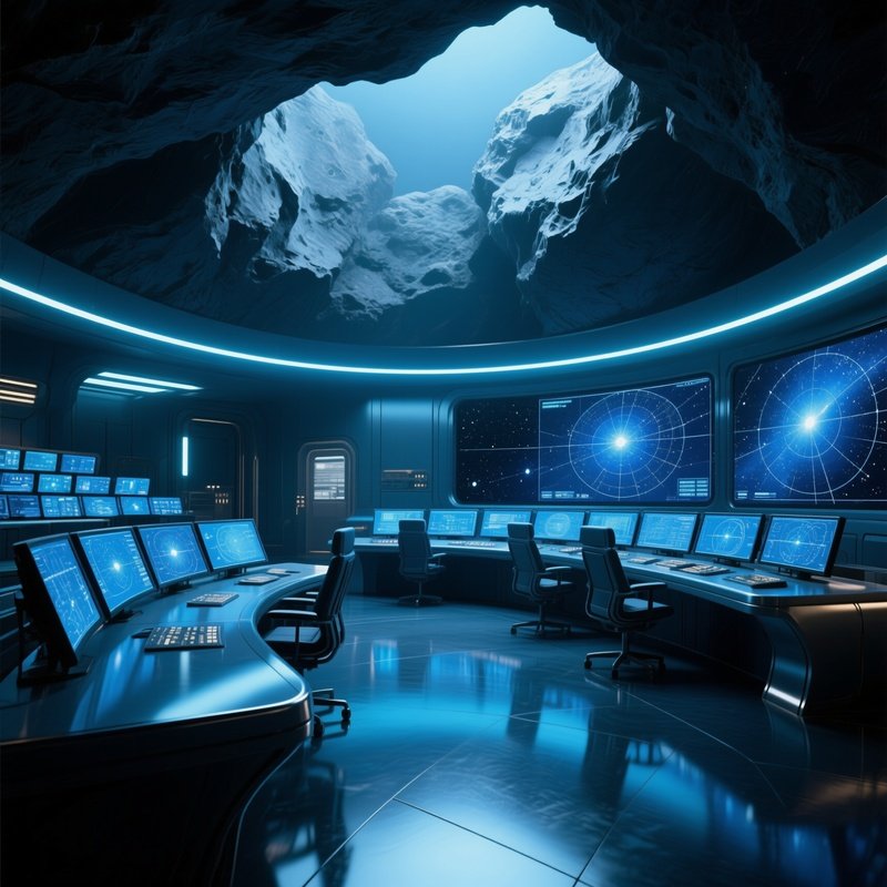 An Interior View Of A Sleek Command Center Carved Into An Asteroid, Rows Of Curved Monitors