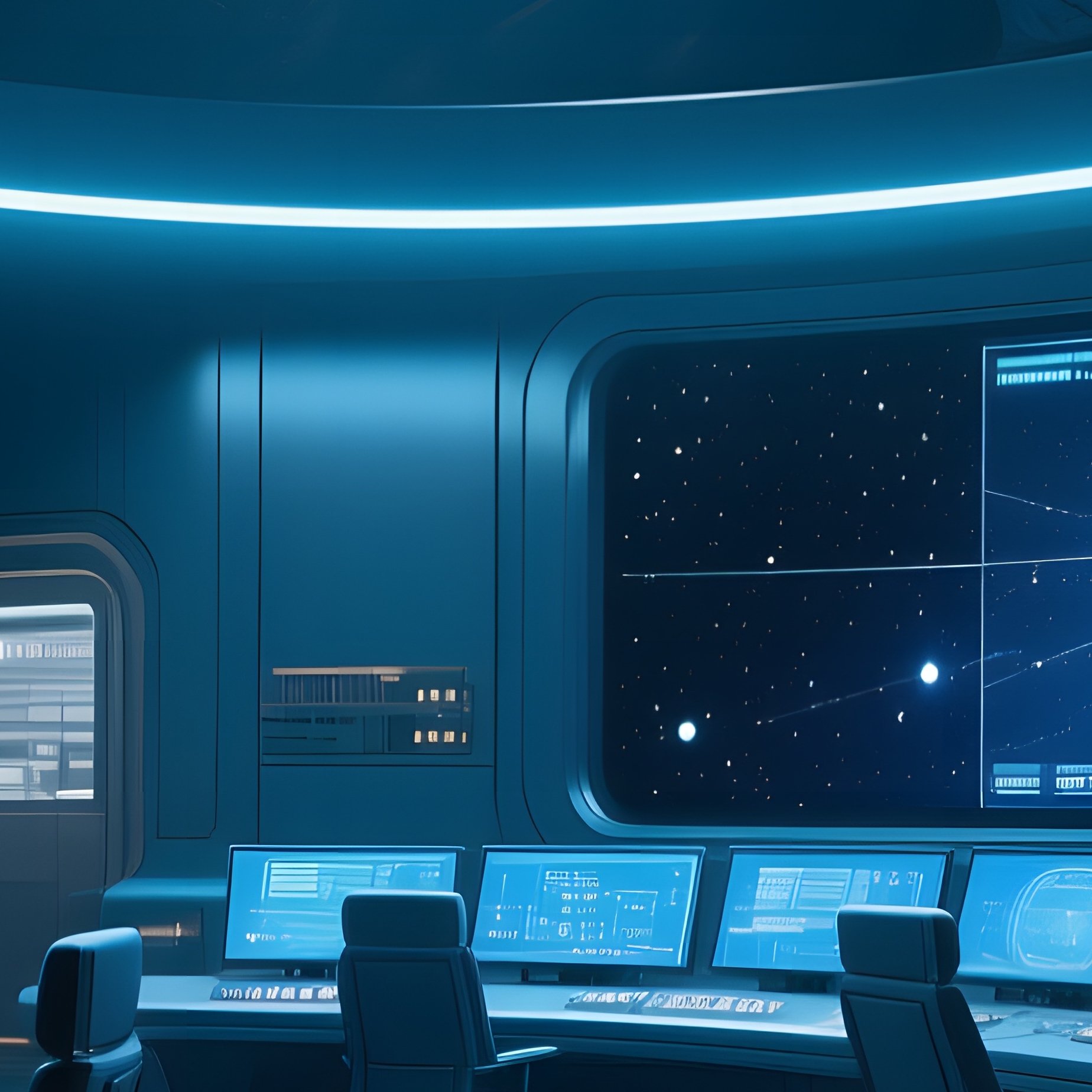 An Interior View Of A Sleek Command Center Carved Into An Asteroid, Rows Of Curved Monitors - Full Resolution Quality Preview