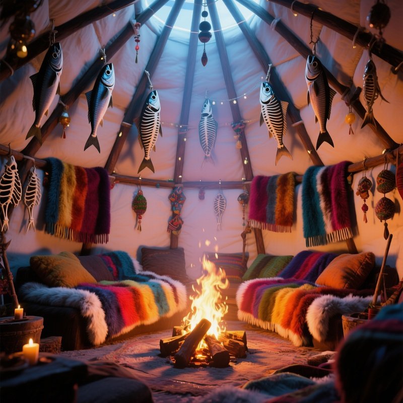 An Interior View Of An Igloo Decorated For A Celebration, Colorful Fur Blankets Draped On Walls,
