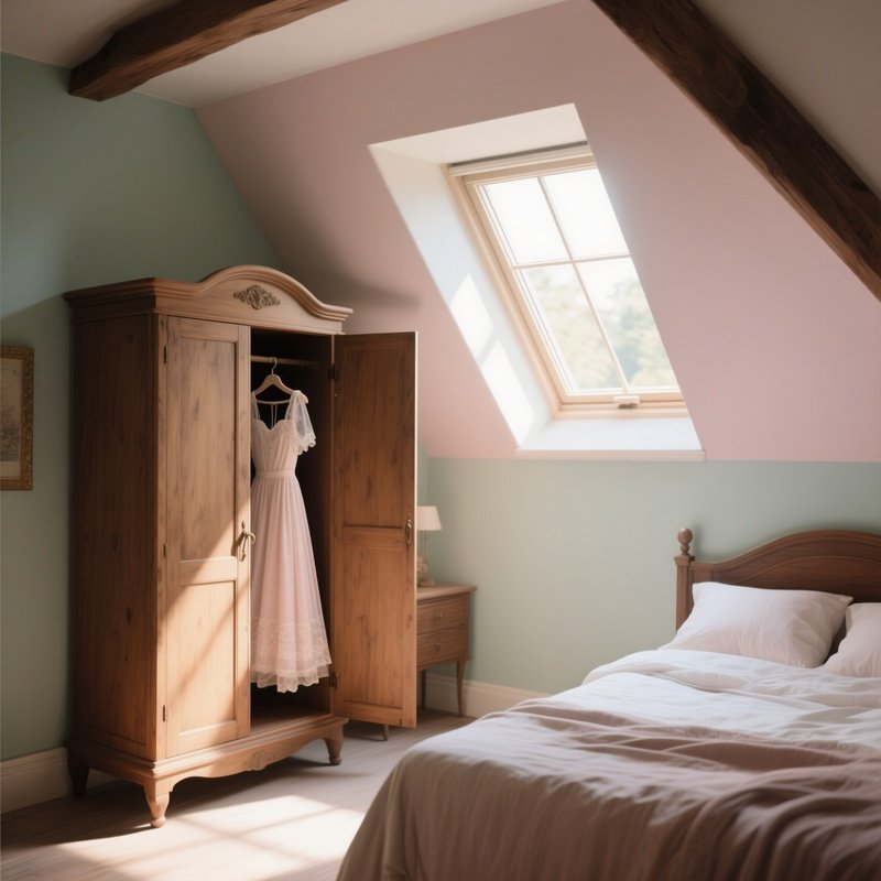 An Intimate Attic Bedroom With Sloped Ceilings, Soft Pastel Walls, A Vintage Wooden Wardrobe