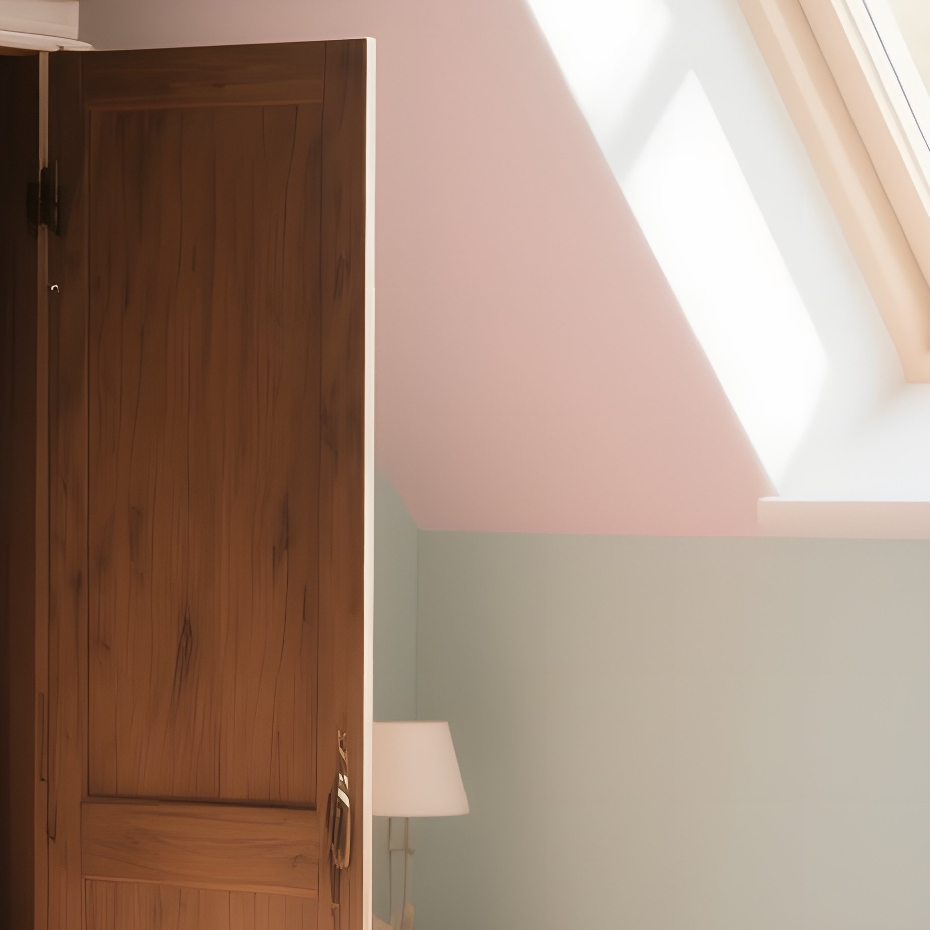 An Intimate Attic Bedroom With Sloped Ceilings, Soft Pastel Walls, A Vintage Wooden Wardrobe - Full Resolution Quality Preview