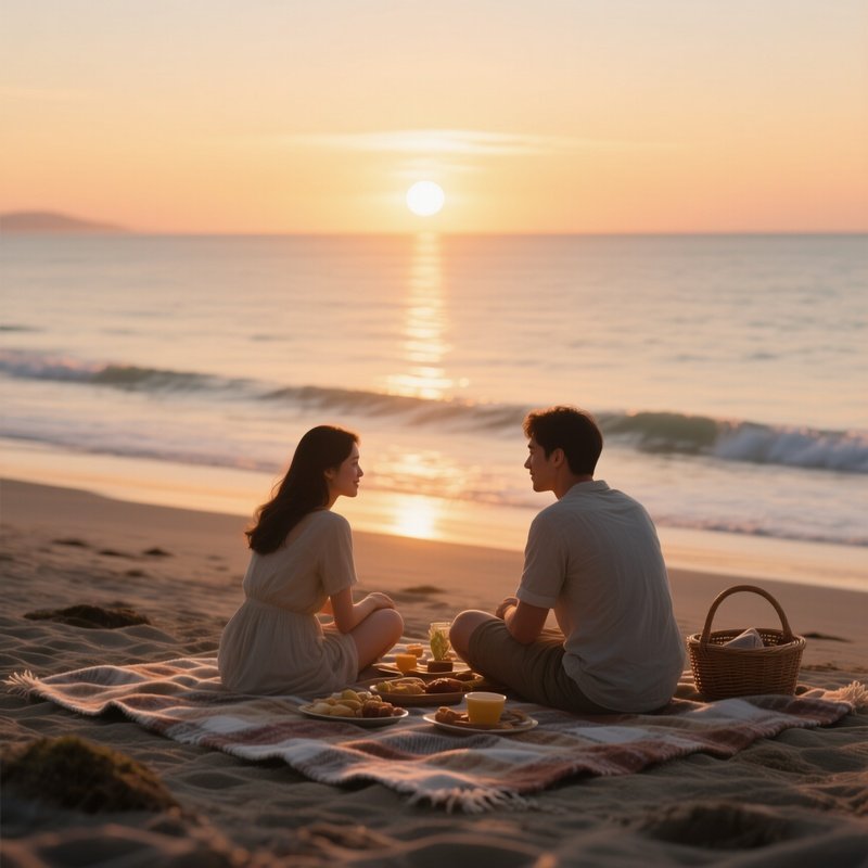 An Intimate Beach Picnic During The Golden Hour, With A Couple Sitting On A Blanket, The Sun