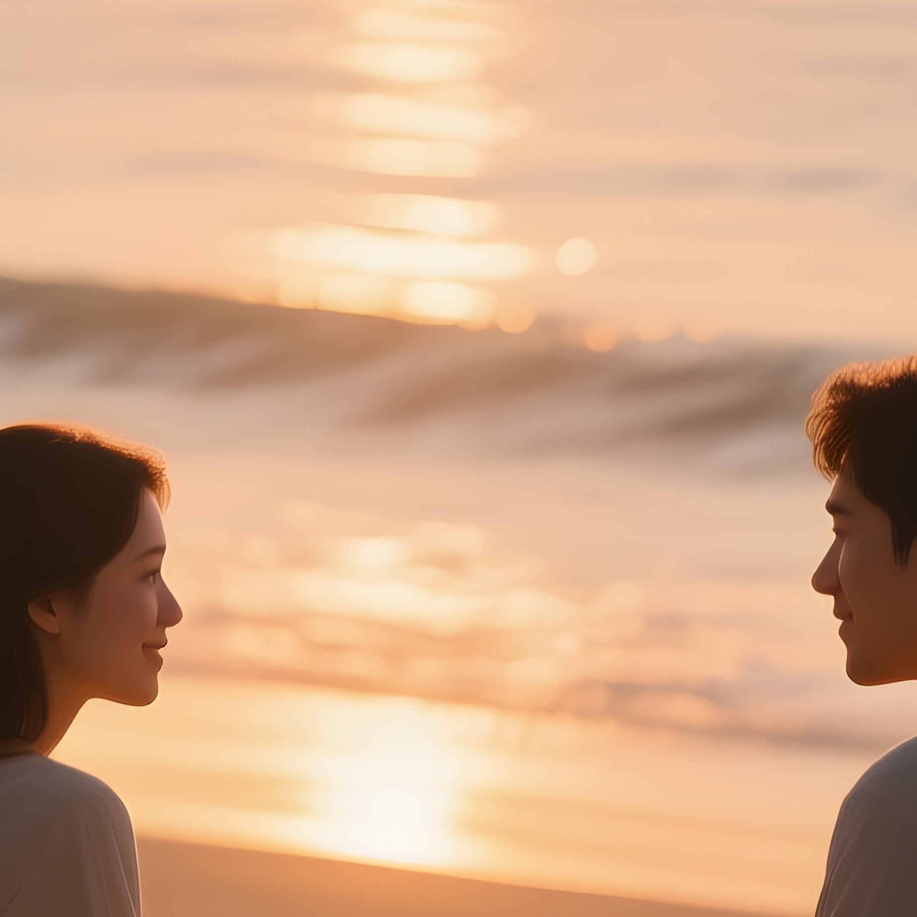 An Intimate Beach Picnic During The Golden Hour, With A Couple Sitting On A Blanket, The Sun - Full Resolution Quality Preview