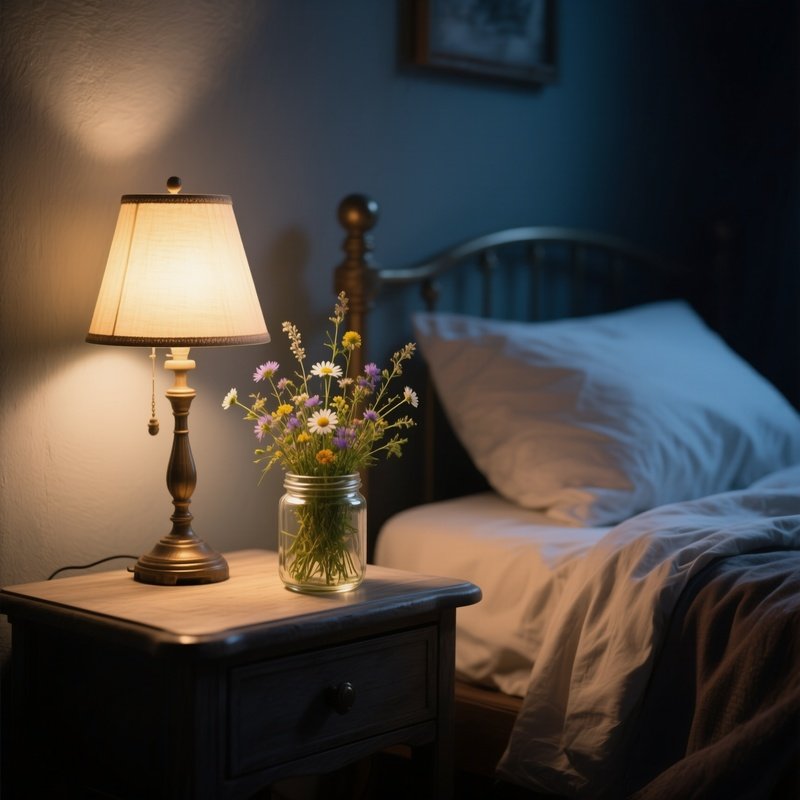 An Intimate Bedroom Scene With A Bedside Table Holding A Small Glass Jar Filled With Wild Meadow
