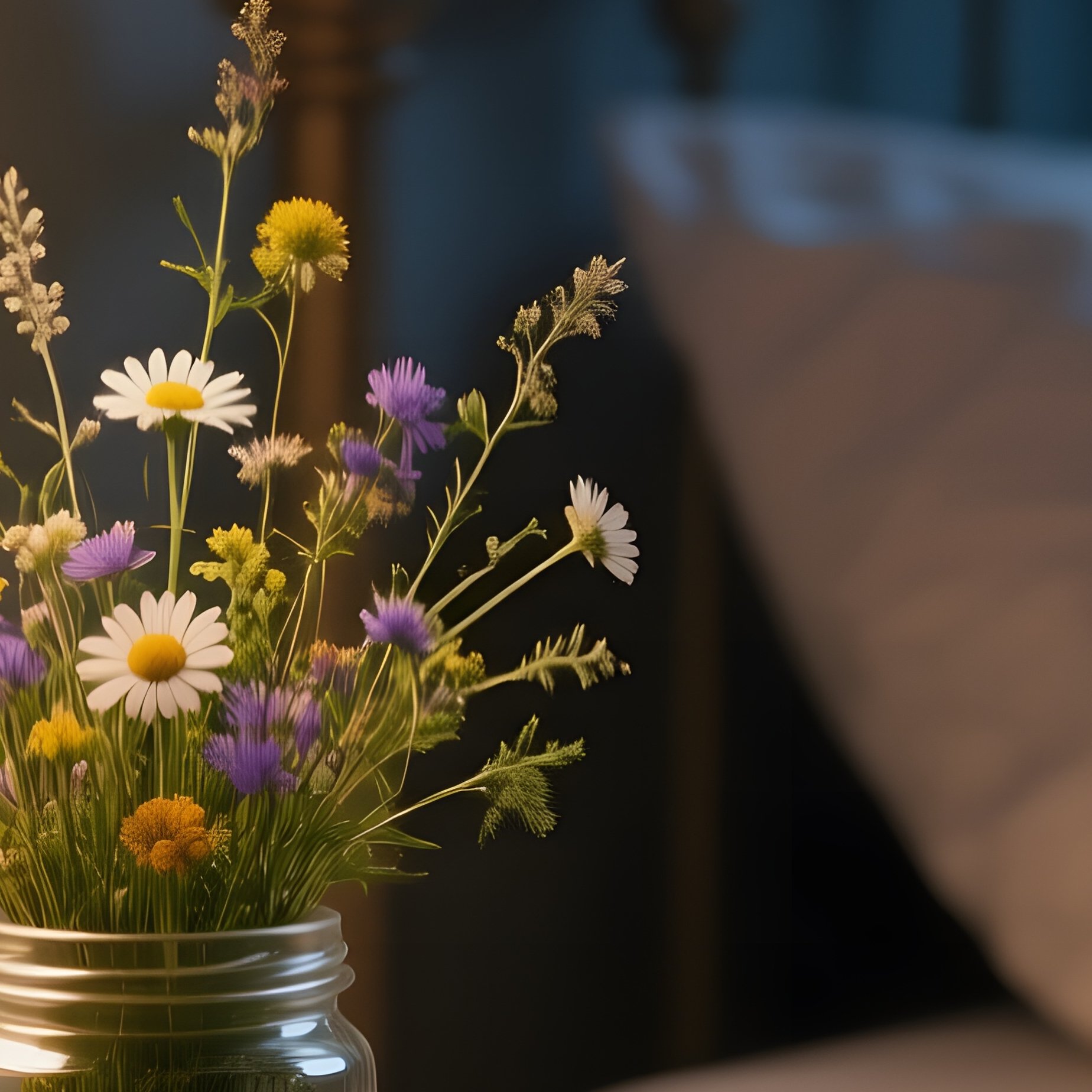 An Intimate Bedroom Scene With A Bedside Table Holding A Small Glass Jar Filled With Wild Meadow - Full Resolution Quality Preview
