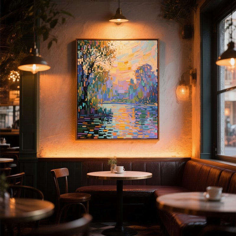 An Intimate Café Corner Where A Single Large Canvas Displays An Impressionist Inspired Digital