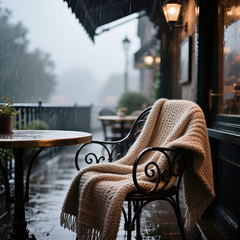 An Intimate Café Patio Under Rain Clouds, Featuring A Cozy Wool Blanket Draped Over A Wrought‑Iron