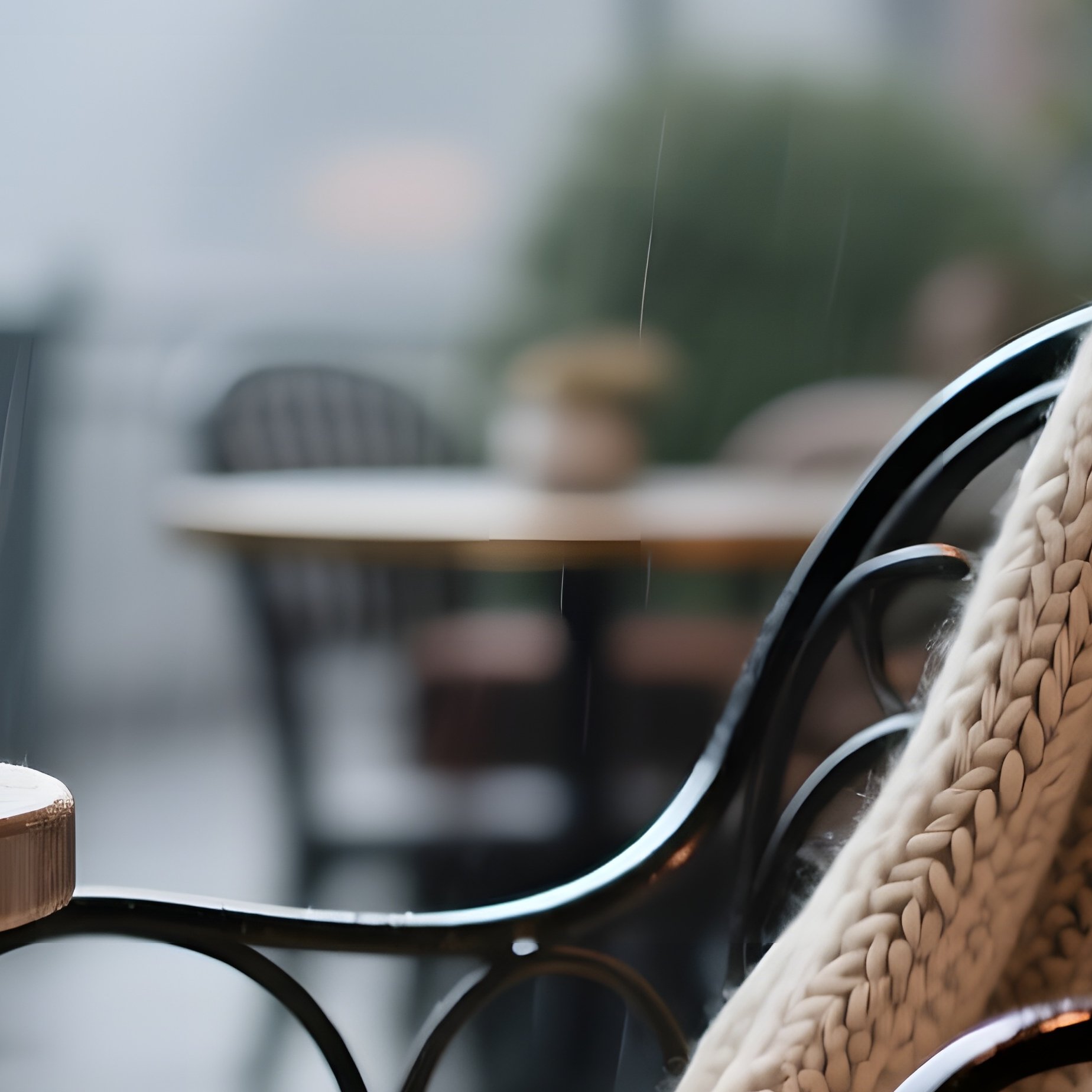 An Intimate Café Patio Under Rain Clouds, Featuring A Cozy Wool Blanket Draped Over A Wrought‑Iron - Full Resolution Quality Preview