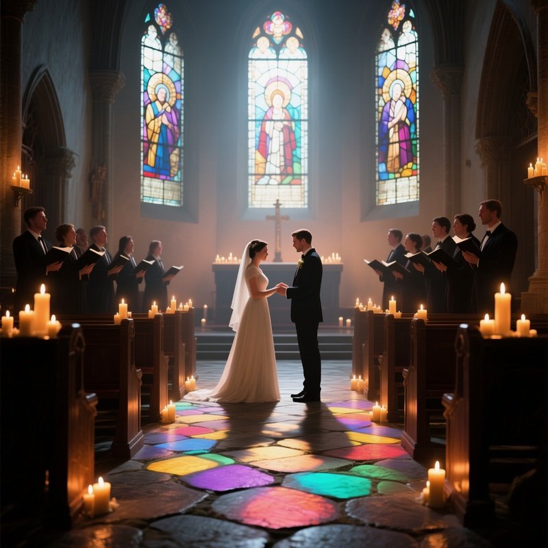 An Intimate Candlelit Chapel Interior, Stained Glass Casting Multicolored Patterns On Stone Floor