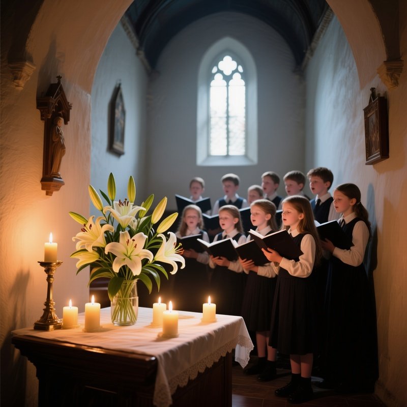 An Intimate Chapel Alcove Bathed In Candlelight, A Small Altar Adorned With Fresh Lilies, And A