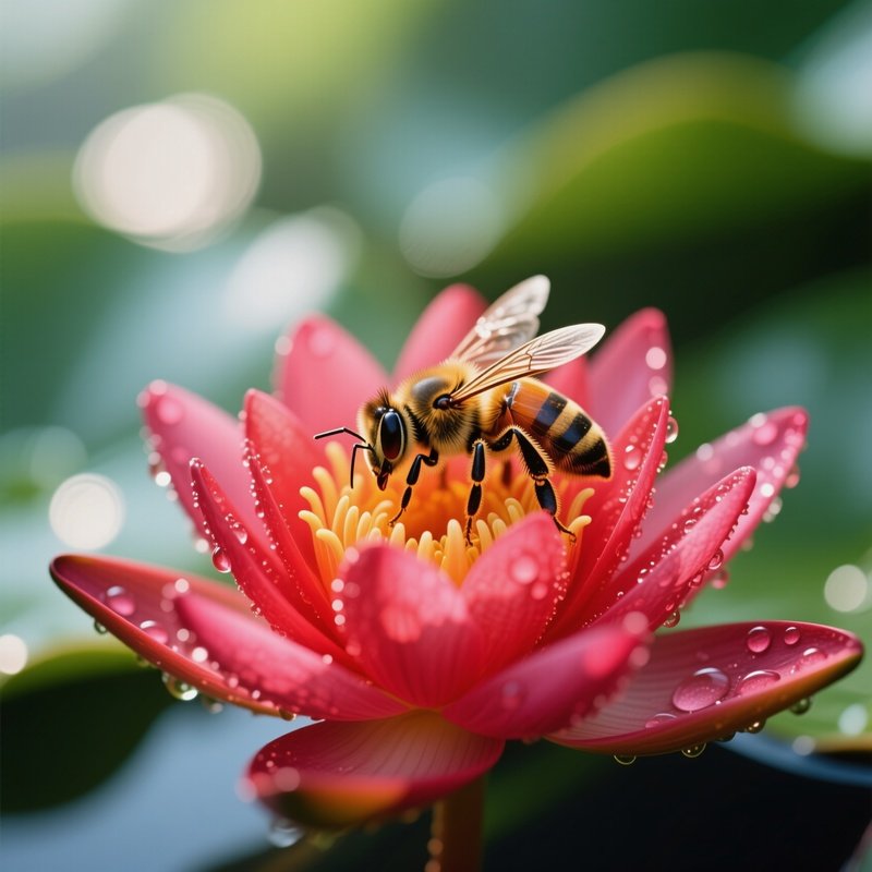 An Intimate Close‑Up Of A Bee Pollinating A Vibrant Red Water Lily, Droplets Of Pollen Glistening