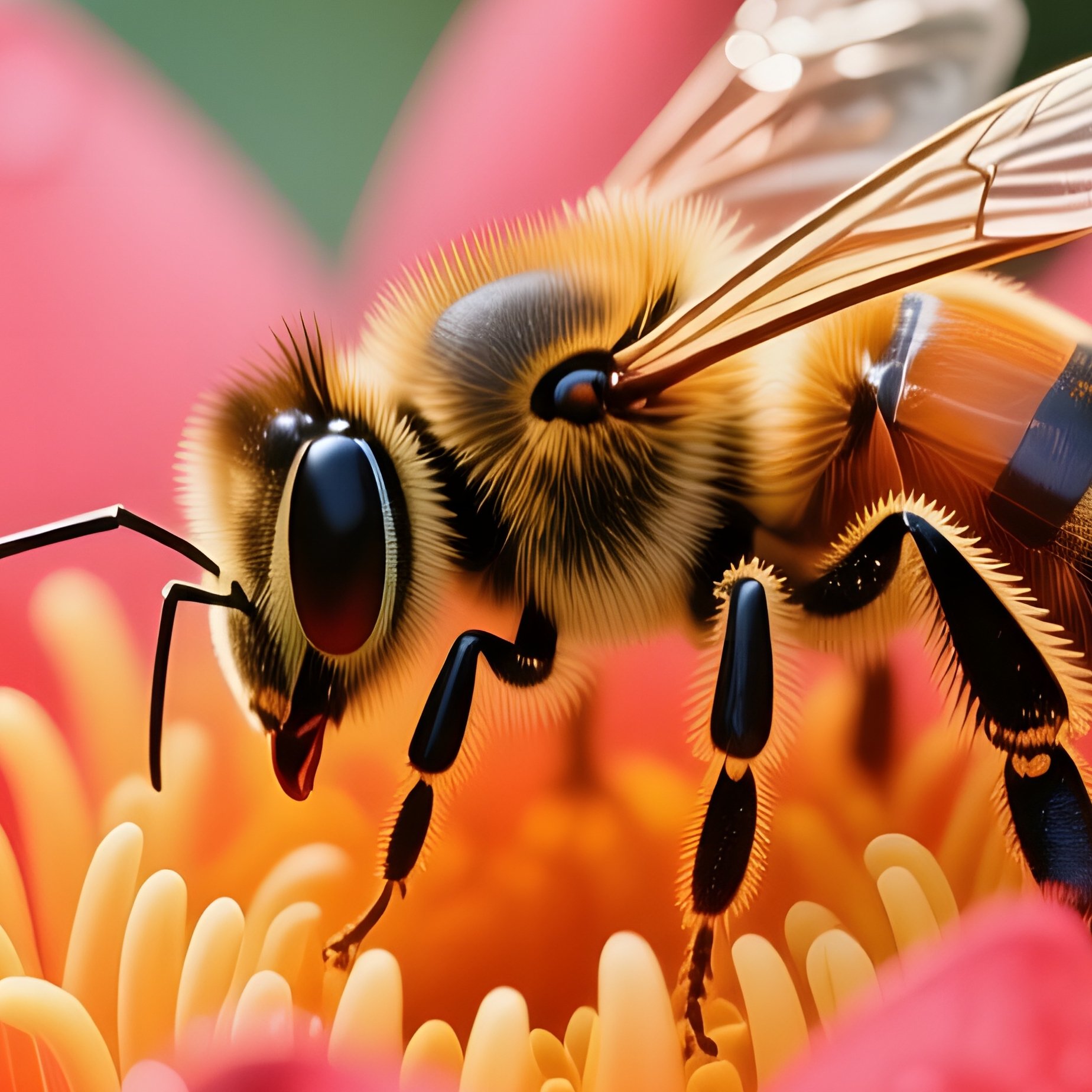 An Intimate Close‑Up Of A Bee Pollinating A Vibrant Red Water Lily, Droplets Of Pollen Glistening - Full Resolution Quality Preview