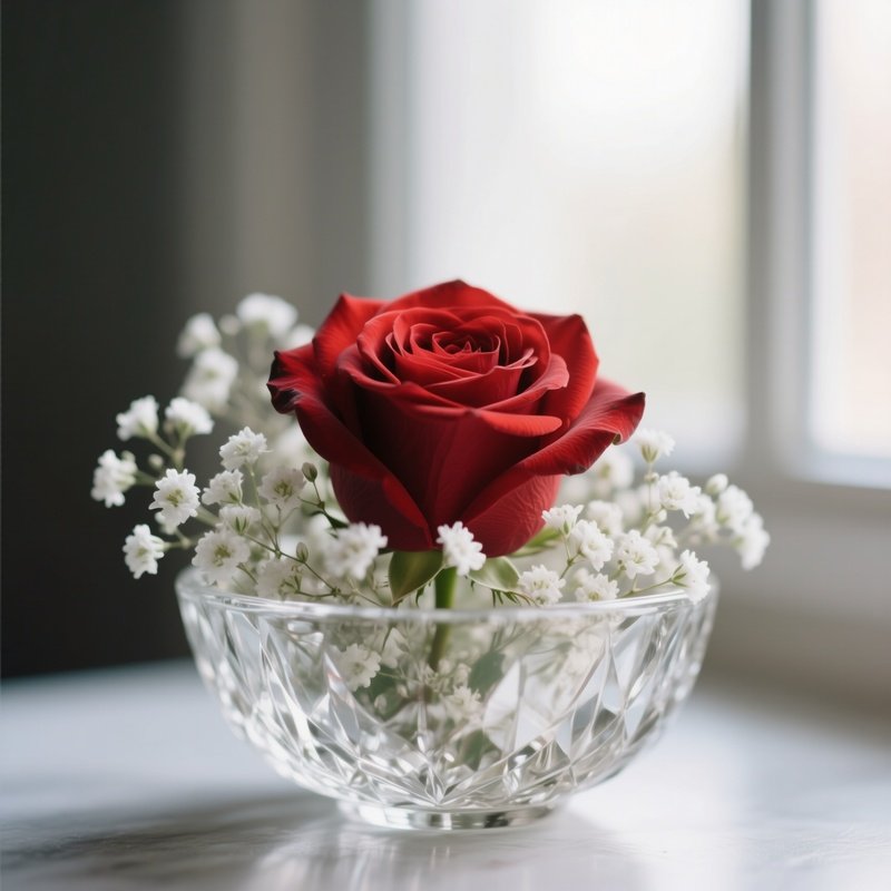 An Intimate Close‑Up Of A Single Red Rose Surrounded By Tiny White Baby'S Breath In A Crystal Bowl,