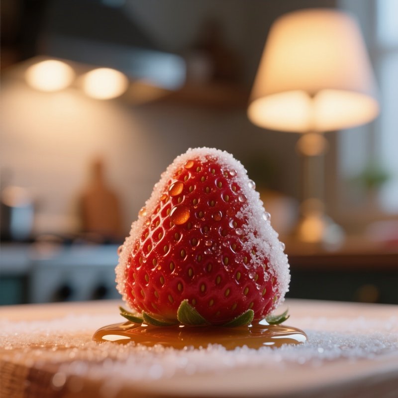 An Intimate Close‑Up Of A Sugar Coated Strawberry, Droplets Of Syrup Catching The Warm Glow Of A