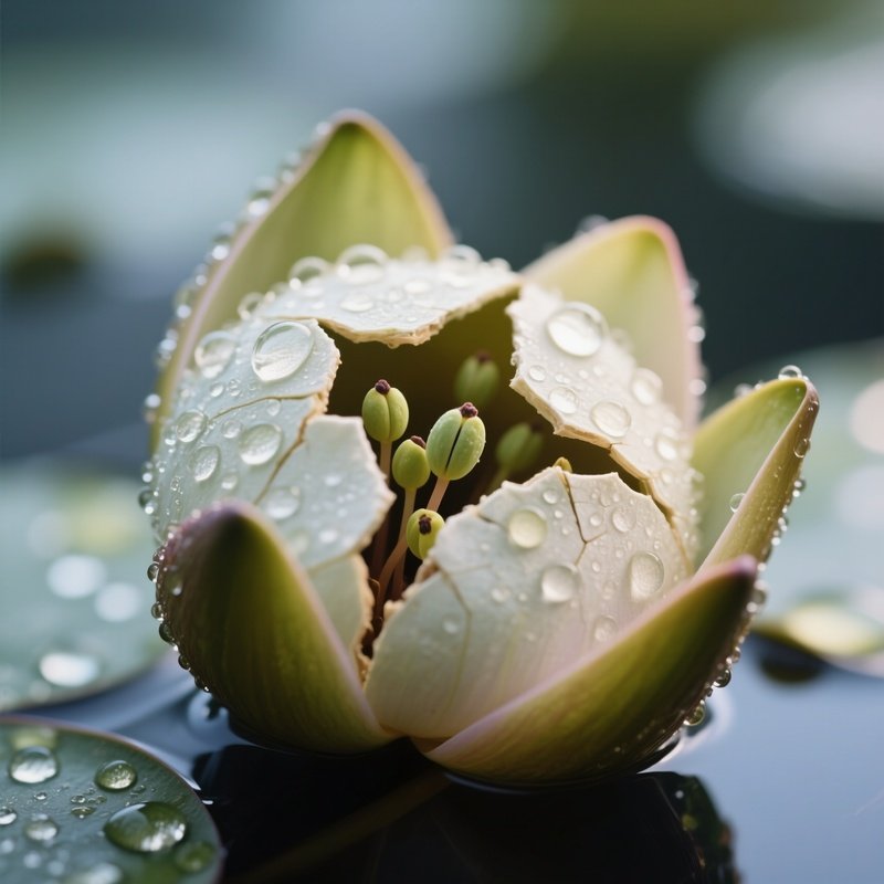 An Intimate Close‑Up Of A Water Lily Seed Pod Cracking Open, Tiny Seedlings Emerging Amidst