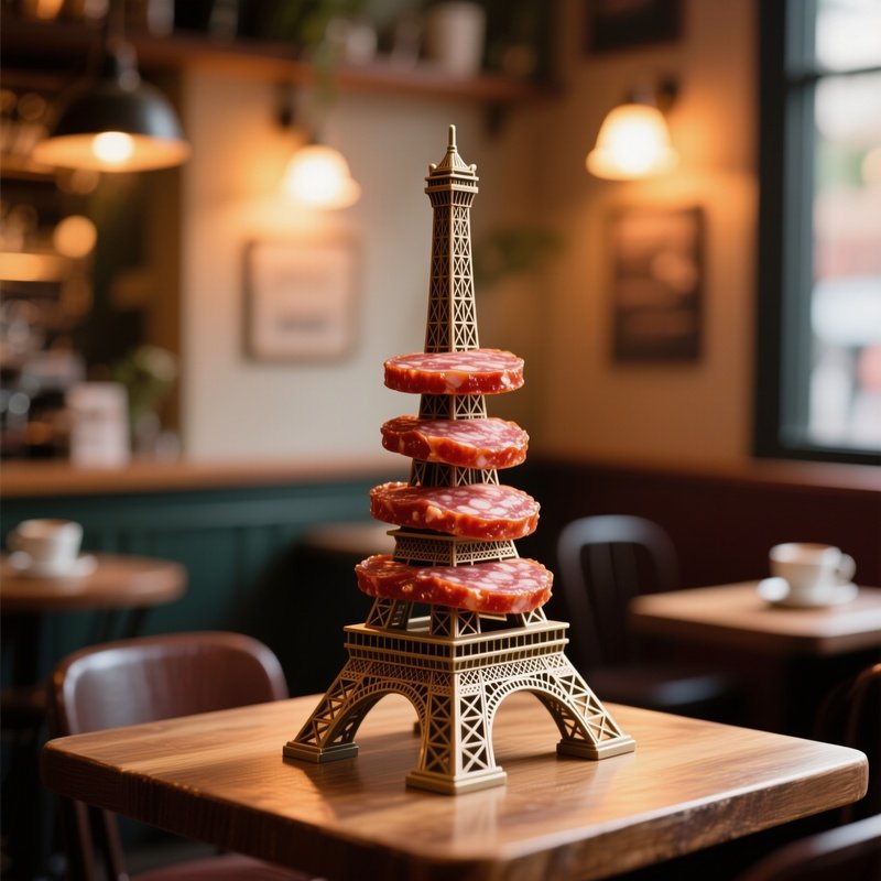 An Intimate Coffee Shop Corner With Soft Amber Lighting, Where A Miniature Eiffel Tower Replica Is
