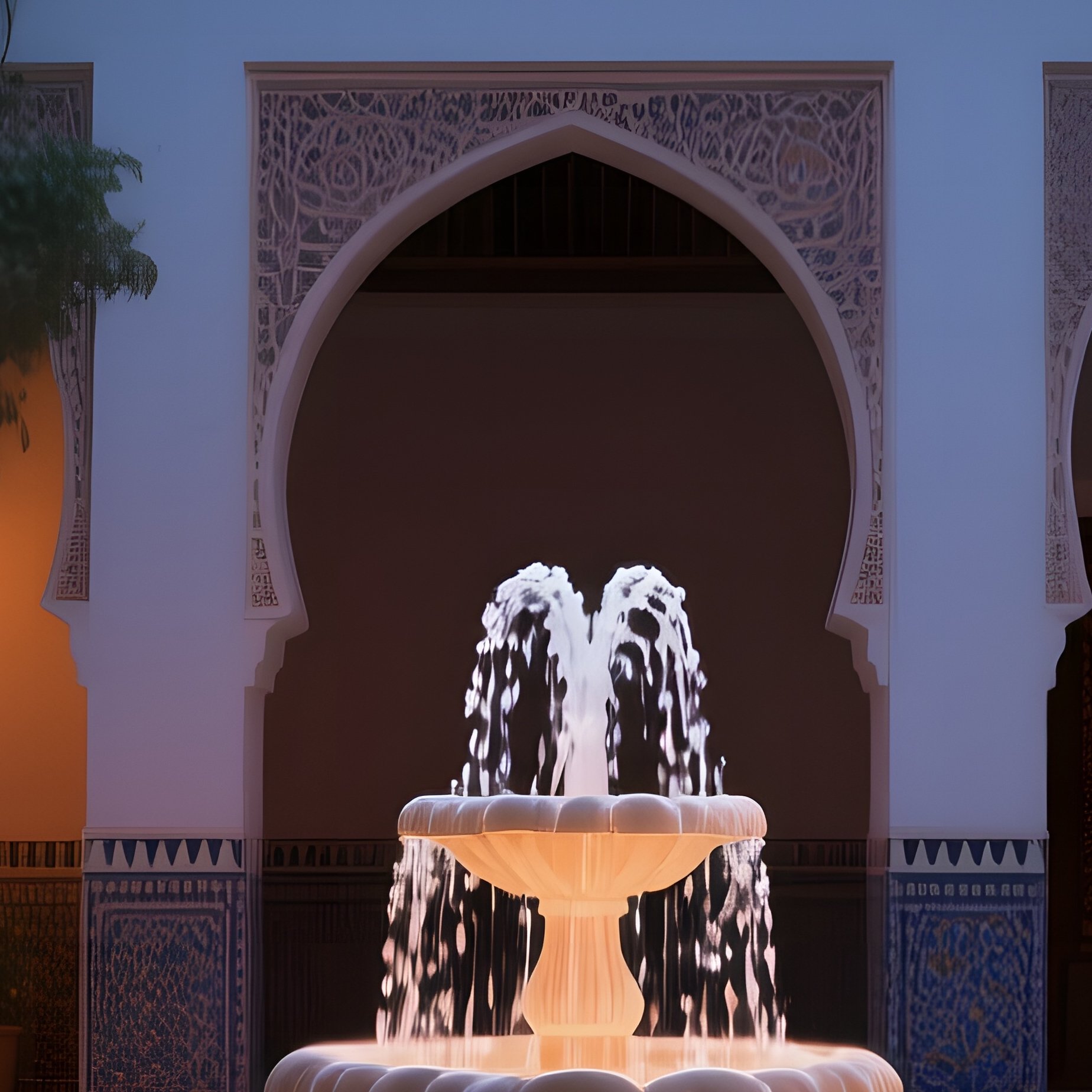 An Intimate Courtyard In A Moroccan Palace At Dusk, Arches Framing A Fountain Of Crystal Water, - Full Resolution Quality Preview