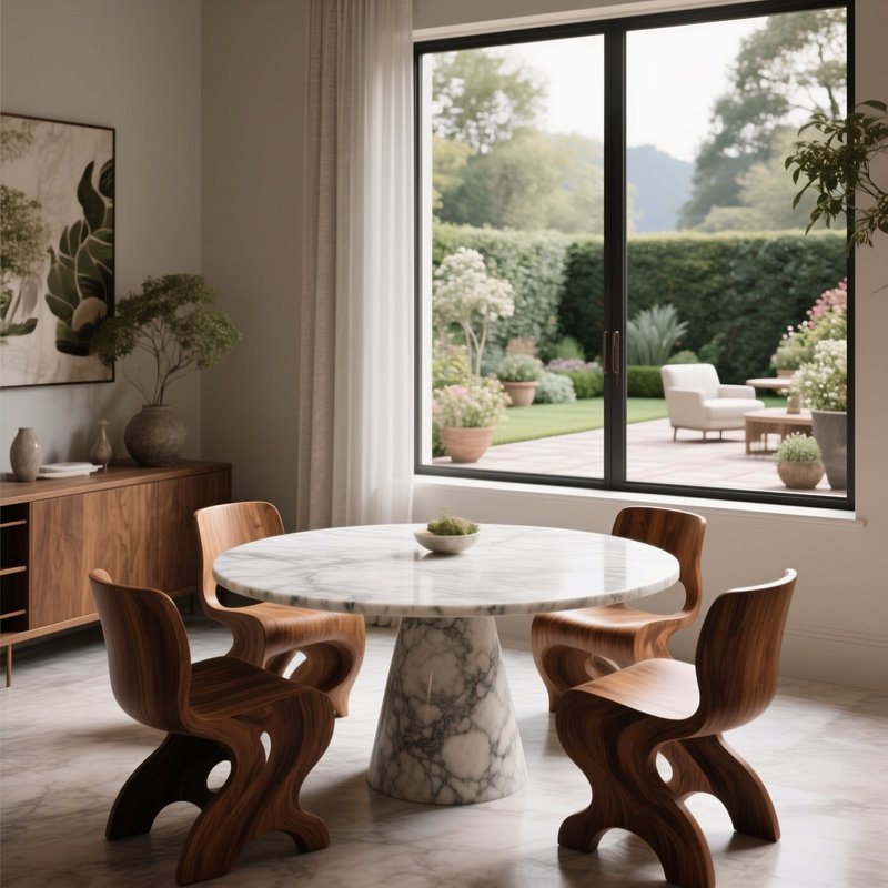 An Intimate Dining Corner With A Round Marble Table, Sculptural Wooden Chairs, And A Large Window Overlooking A Garden Terrace