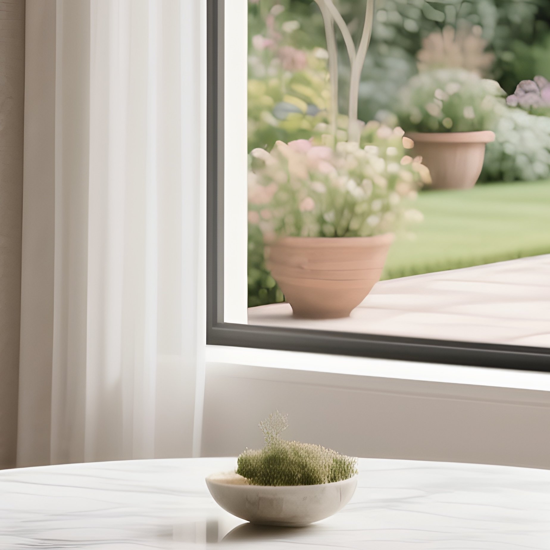 An Intimate Dining Corner With A Round Marble Table, Sculptural Wooden Chairs, And A Large Window Overlooking A Garden Terrace - Full Resolution Quality Preview