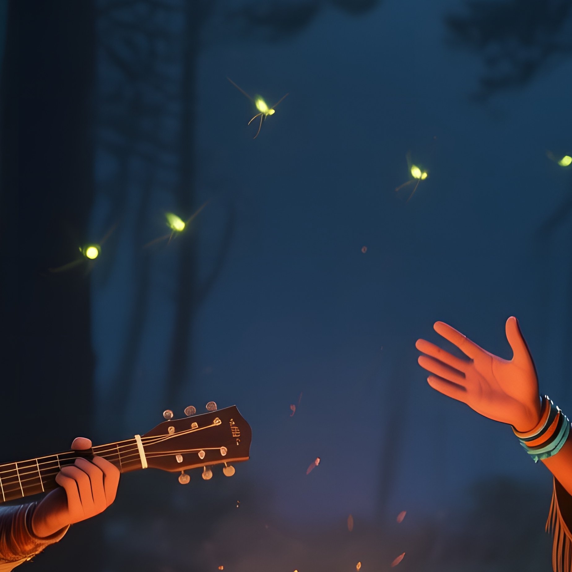 An Intimate Evening Around A Campfire In A Pine Forest, Fireflies Dancing, A Cowboy Strums An - Full Resolution Quality Preview